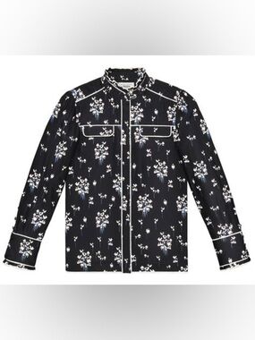 Erdem x H&M Silk Floral Blouse Size 4 Black Ruffle Collar Button Front